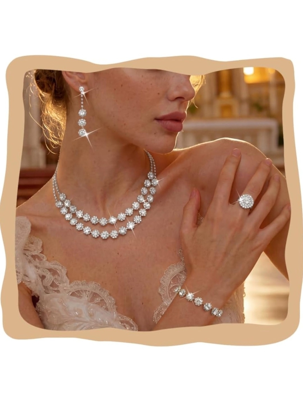Elegant White Crystal Bridal Jewelry Set - Necklace, Earrings, Bracelet, Ring